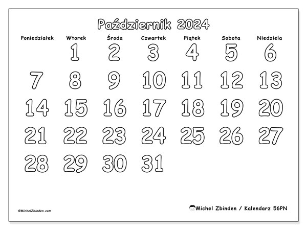 Kalendarz październik 2024, 56PN. Darmowy terminarz do druku.