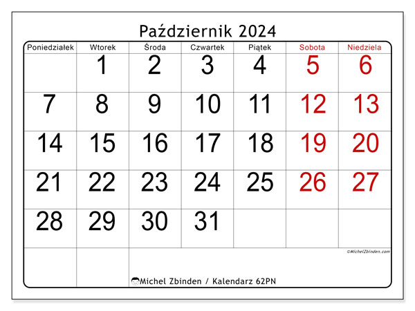 Kalendarz październik 2024, 62PN. Darmowy terminarz do druku.