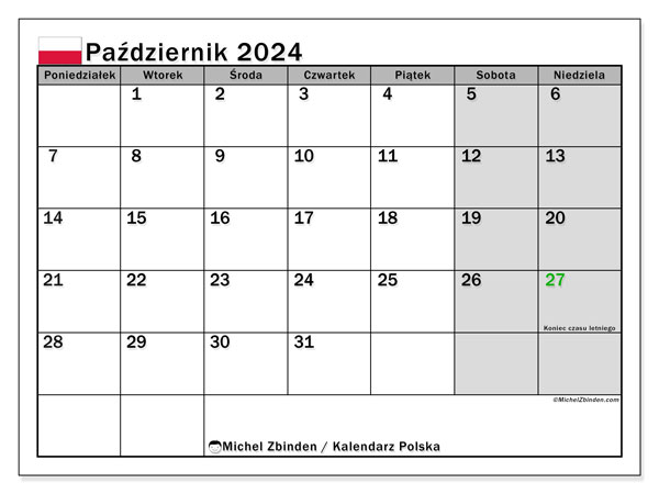 Kalenteri lokakuu 2024, Puola (PL). Ilmainen tulostettava aikataulu.