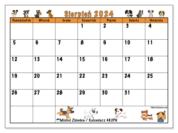Kalendarz sierpień 2024, 482PN. Darmowy kalendarz do druku.