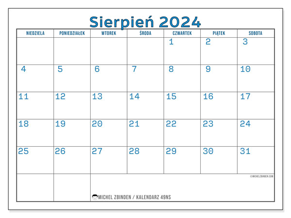 Kalendarz sierpień 2024, 49NS. Darmowy kalendarz do druku.