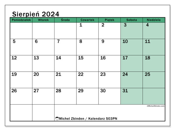 Kalendarz sierpień 2024, 503PN. Darmowy kalendarz do druku.