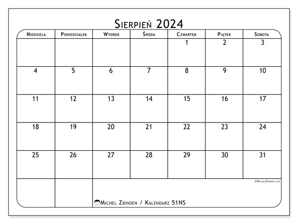 Kalendarz sierpień 2024, 51NS. Darmowy kalendarz do druku.