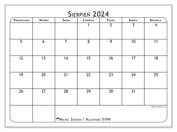 Kalendarz sierpień 2024, 51NS. Darmowy kalendarz do druku.