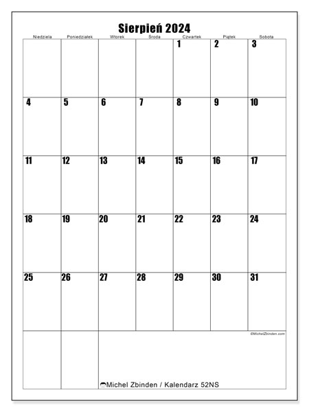 Kalendarz sierpień 2024, 52NS. Darmowy kalendarz do druku.