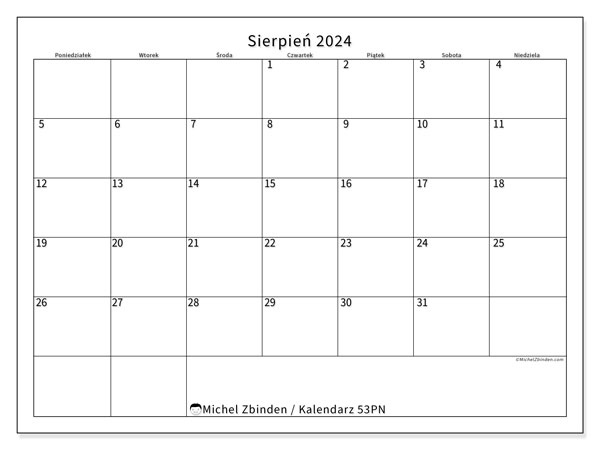Kalendarz sierpień 2024, 53PN. Darmowy kalendarz do druku.