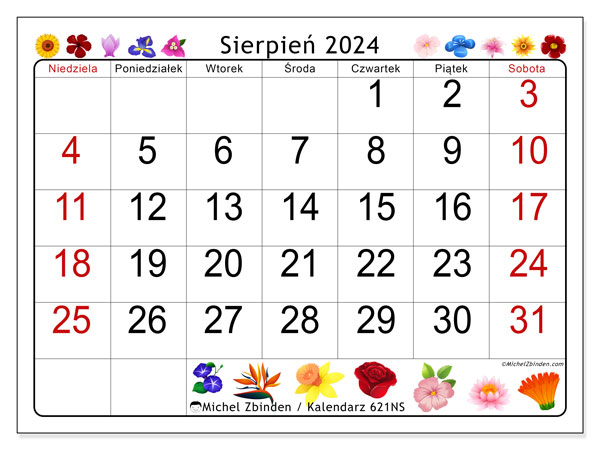 Kalendarz sierpień 2024, 621NS. Darmowy kalendarz do druku.