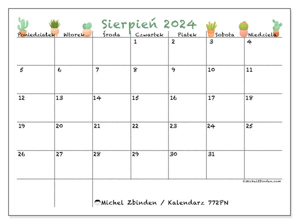 Kalendarz sierpień 2024, 772PN. Darmowy kalendarz do druku.