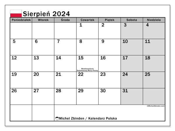 Kalenteri elokuu 2024, Puola (PL). Ilmainen tulostettava kartta.