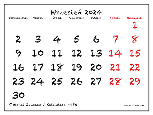 Kalendarz wrzesień 2024, 46PN. Darmowy terminarz do druku.