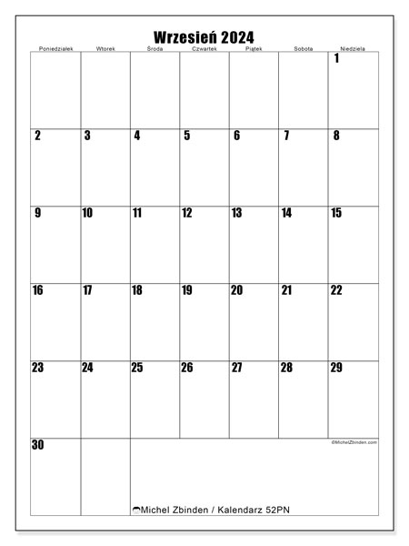 Kalendarz wrzesień 2024, 52PN. Darmowy terminarz do druku.