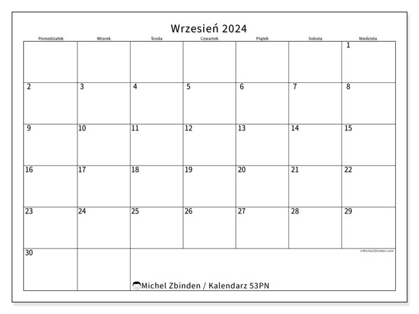 Kalendarz wrzesień 2024, 53PN. Darmowy terminarz do druku.