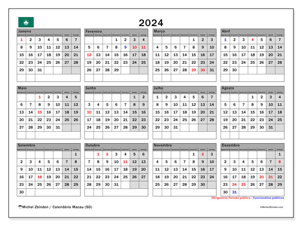 Kalender 2024, Macao (PT). Schema för gratis utskrift.