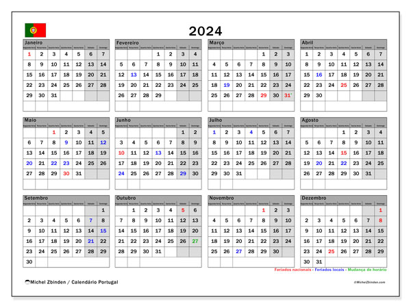 Kalender 2024, Portugal (PT). Programm zum Ausdrucken kostenlos.