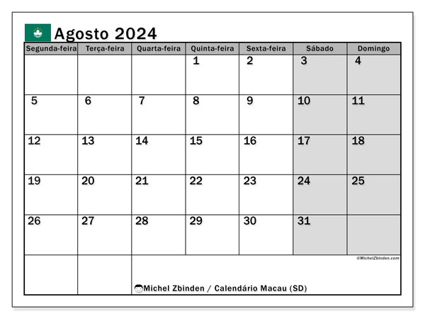 Kalenteri elokuu 2024, Macao (PT). Ilmainen tulostettava kartta.
