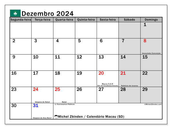 Kalender december 2024, Macao (PT). Schema för gratis utskrift.