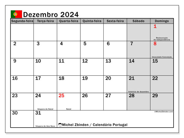 Kalendarz grudzień 2024, Portugalia (PT). Darmowy program do druku.