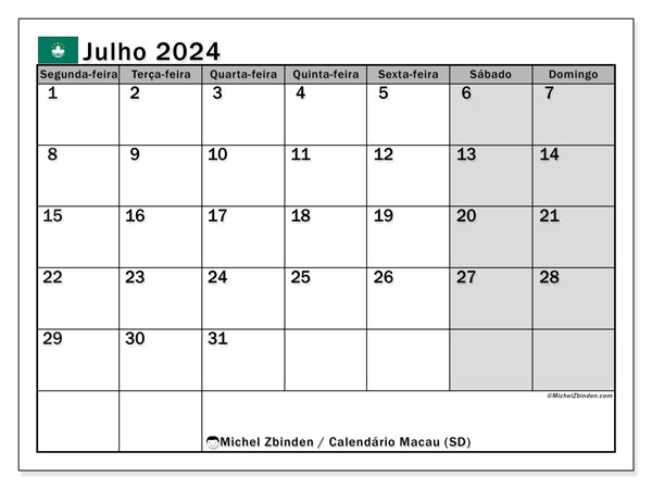 Kalendarz lipiec 2024, Makau (PT). Darmowy program do druku.