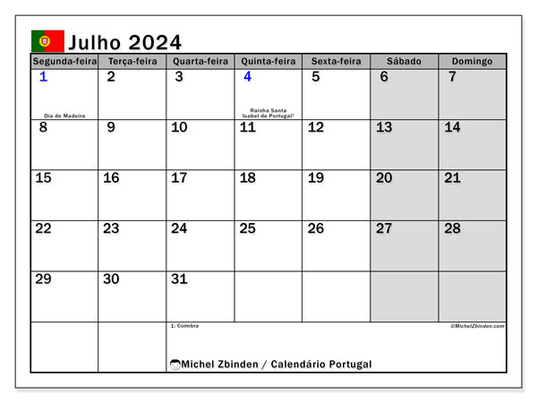 Kalender Juli 2024, Portugal (PT). Kalender zum Ausdrucken kostenlos.