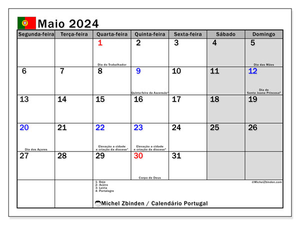 Kalendarz maj 2024, Portugalia (PT). Darmowy dziennik do druku.