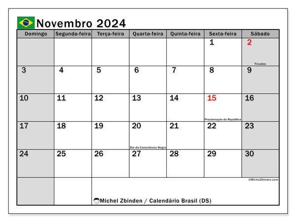 Kalendarz listopad 2024, Brazylia (PT). Darmowy kalendarz do druku.