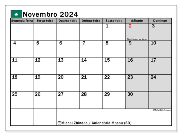 Kalenteri marraskuu 2024, Macao (PT). Ilmainen tulostettava aikataulu.