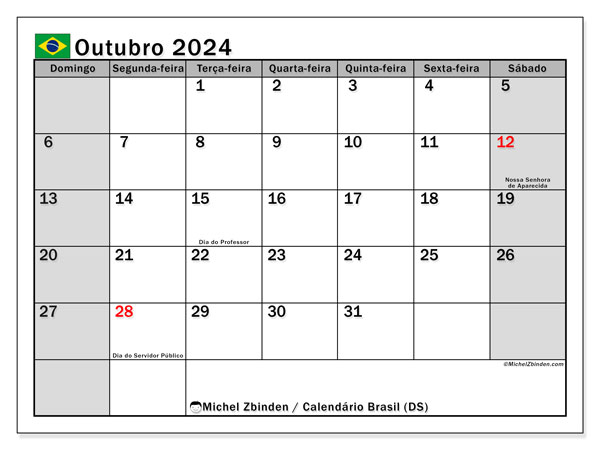 Kalendarz październik 2024, Brazylia (PT). Darmowy terminarz do druku.