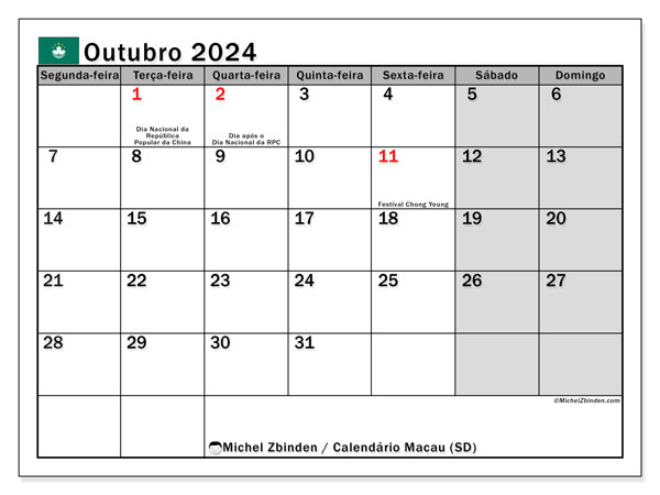 Kalender Oktober 2024, Macau (PT). Programm zum Ausdrucken kostenlos.