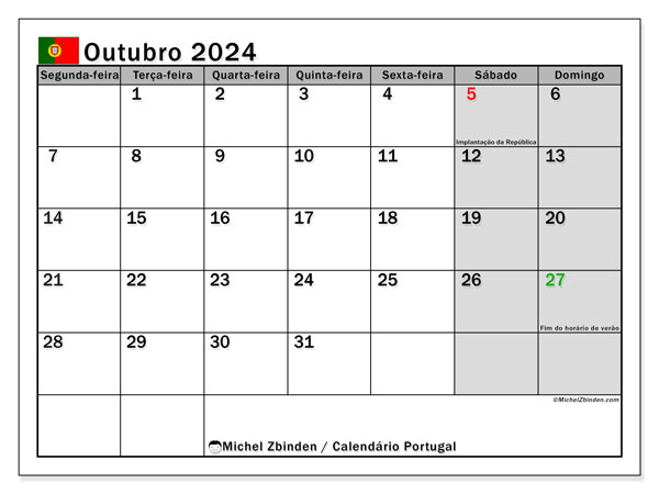 Kalender Oktober 2024, Portugal (PT). Programm zum Ausdrucken kostenlos.