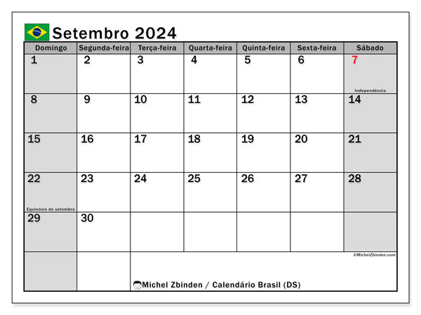 Kalendarz wrzesień 2024, Brazylia (PT). Darmowy program do druku.