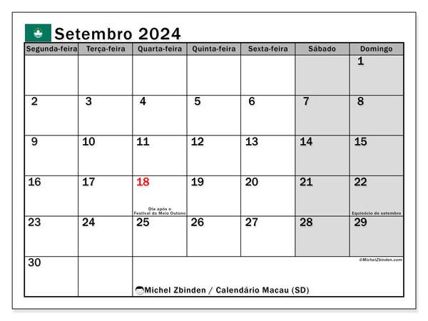 Kalenteri syyskuu 2024, Macao (PT). Ilmainen tulostettava ohjelma.