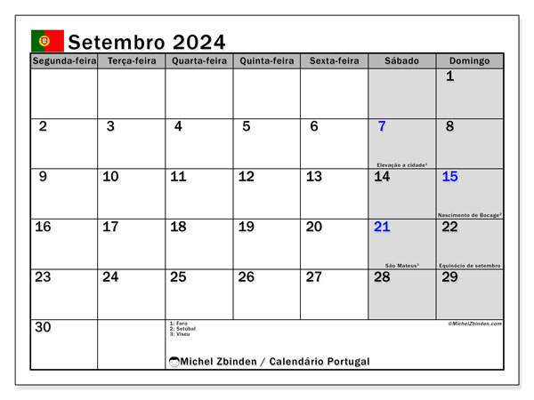 Kalendarz wrzesień 2024, Portugalia (PT). Darmowy program do druku.