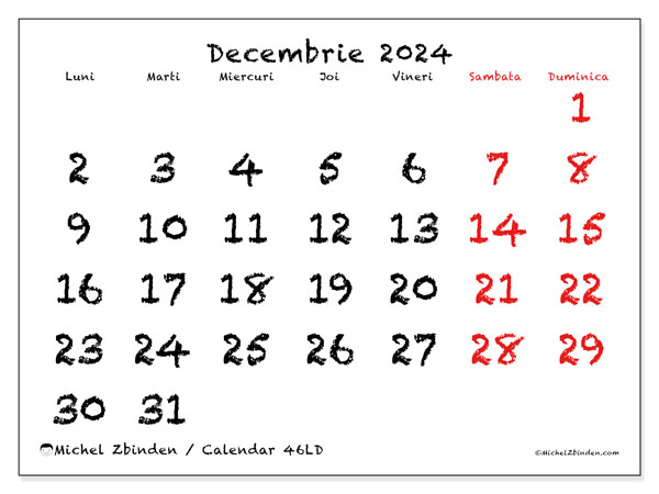 Calendar decembrie 2024, 46LD. Plan pentru imprimare gratuit.