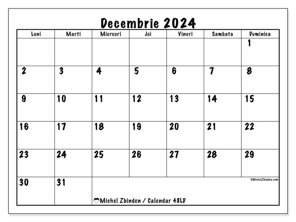 Calendar decembrie 2024, 48DS. Plan pentru imprimare gratuit.