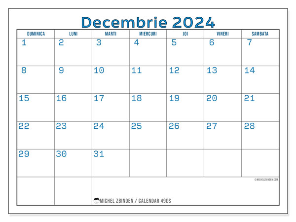 Calendar decembrie 2024, 49DS. Plan pentru imprimare gratuit.