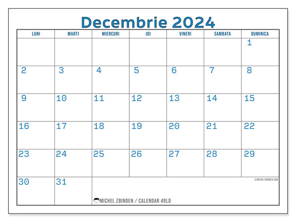 Calendar decembrie 2024, 49DS. Plan pentru imprimare gratuit.