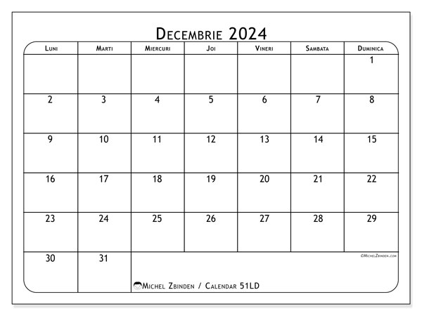 Calendar decembrie 2024, 51LD. Plan pentru imprimare gratuit.