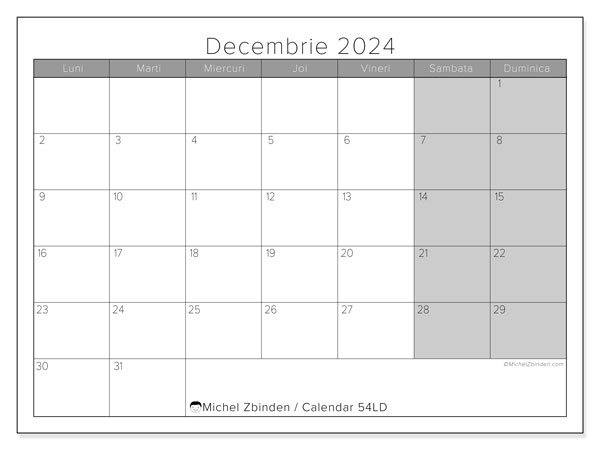 Calendar decembrie 2024, 54DS. Plan pentru imprimare gratuit.