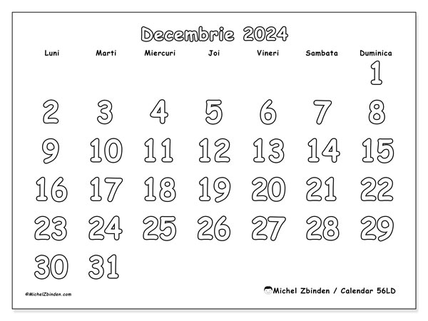 Calendar decembrie 2024, 56LD. Plan pentru imprimare gratuit.