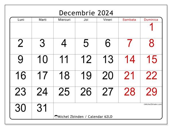 Calendar decembrie 2024, 62LD. Plan pentru imprimare gratuit.