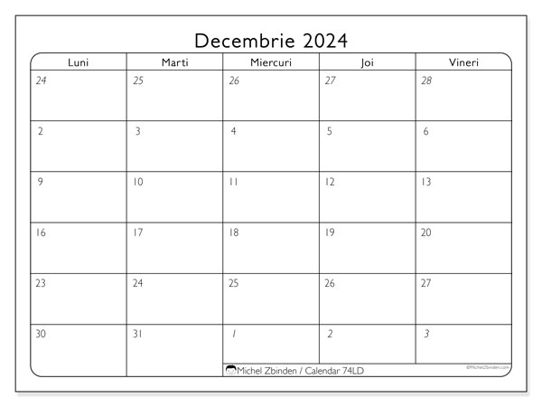 Calendar decembrie 2024, 74DS. Plan pentru imprimare gratuit.