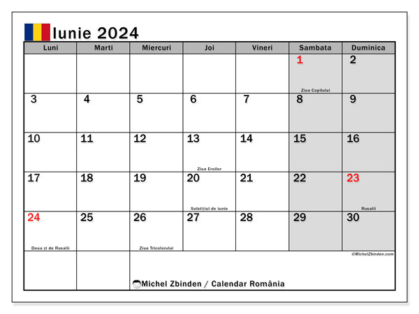 Kalender juni 2024, Rumænien (RO). Gratis plan til print.