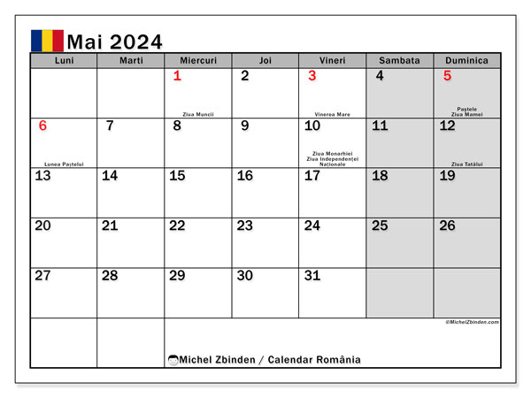 Kalendarz maj 2024, Rumunia (RO). Darmowy dziennik do druku.