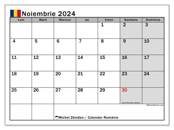 Kalender november 2024, Rumänien (RO). Gratis karta som kan skrivas ut.