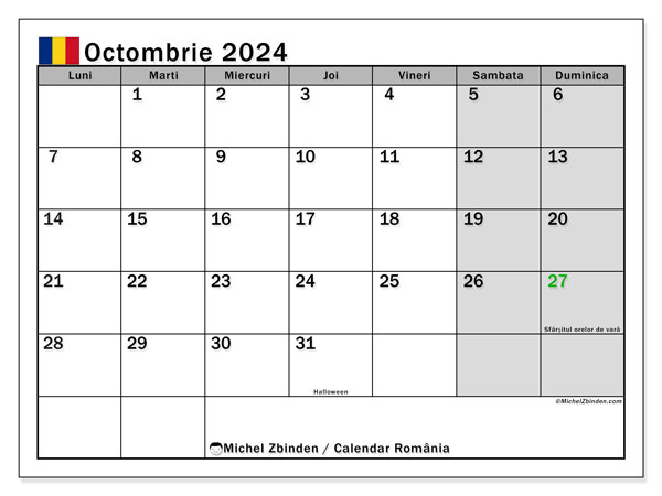 Kalendarz październik 2024, Rumunia (RO). Darmowy terminarz do druku.
