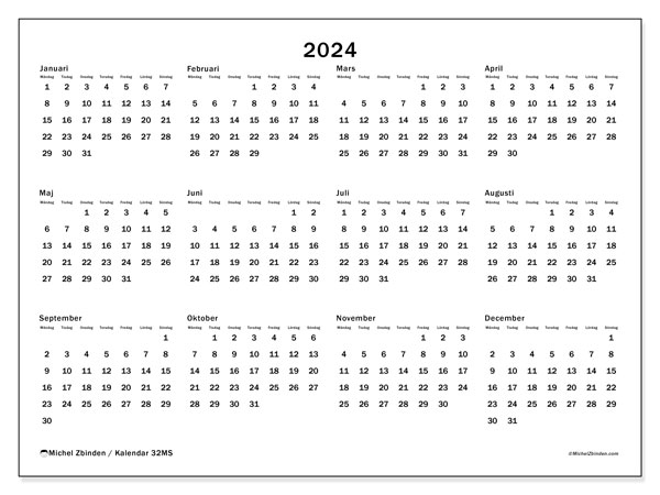 Årlig kalender 2024, 32MS. Gratis kalender som kan skrivas ut.