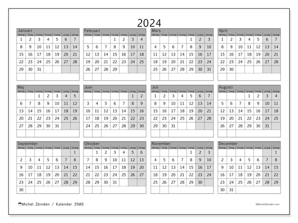 Årlig kalender 2024, 35MS. Gratis kalender som kan skrivas ut.