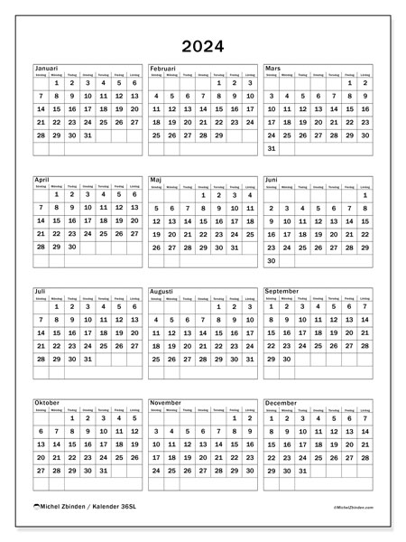 Årlig kalender 2024, 36SL. Gratis kalender som kan skrivas ut.