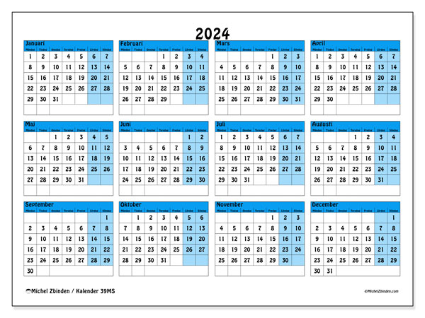 Årlig kalender 2024, 39MS. Gratis kalender som kan skrivas ut.