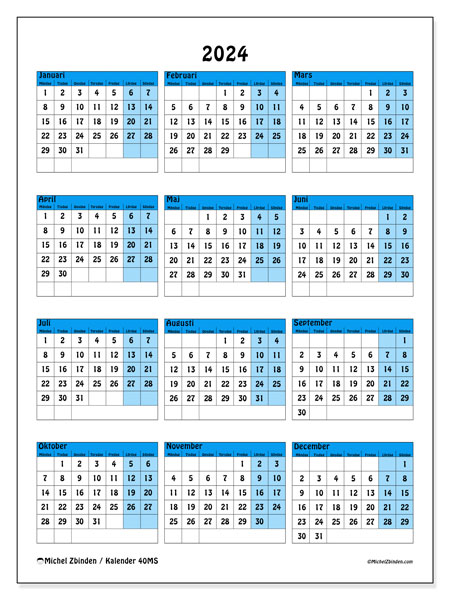 Årlig kalender 2024, 40MS. Gratis kalender som kan skrivas ut.